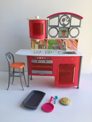 Mattel Barbie 2010 Stovetop Kitchen Cooking Set With Stool Sink Stove & Oven