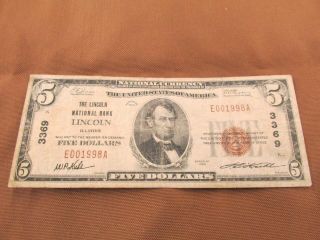 1929 5 Dollar Bill The Lincoln National Bank Lincoln Illonis