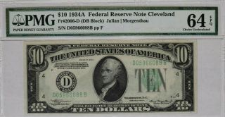 1934 A $10 Federal Reserve Note Cleveland Pmg Cert 64 Epq Choice Unc Tough Block