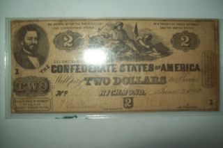 1862 $2 Dollar Confederate States Civil War Note Money