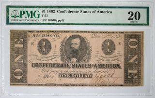 $1 1862 T - 55 Richmond,  Virginia Confederate States Of America Very Fine 20 Pmg