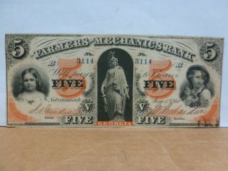 1860 $5 The Farmers And Mechanics Bank - Savannah,  Georgia Obsolete Note