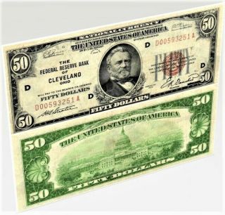 1929 $50 U.  S Sm Size Federal Reserve Bank Note " Cleveland " Fr 1880 - D Circulated