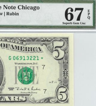 1995 $5 Chicago Star ⭐️ Frn,  Pmg Gem Uncirculated 67 Epq Banknote