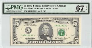 United States 1995 Fr.  1985 - G Pmg Gem Unc 67 Epq 5 Dollars Chicago Star