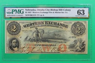 1857 $2 Western Exchange Omaha City Nebraska Obsolete Pmg 63 Choice Unc Signed