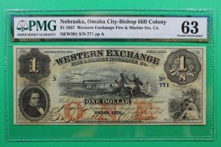 1857 $1 Western Exchange Omaha City Nebraska Obsolete Pmg 63 Choice Unc Signed