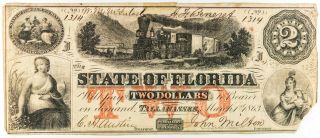 1863 $2 Dollar Bill State Of Florida Tallahassee Note Large Currency Money