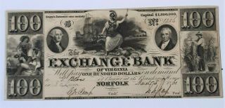 1861 The Exchange Bank Of Virginia Salem/ Norfolk $100 Va145 - 100