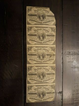 Uncut Strip Of (5) 3 Three Cents Third Issue Fractional Currency Notes -