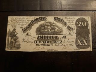 - T - 18 - 1861 $5 Confederate Currency First Year Civil War Era - Au 20