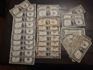 $56 - Face - 1935 - 57 $1 - 2 - 5 Dollar Notes Red - Blue - Green Seals Fine/au Grades 56