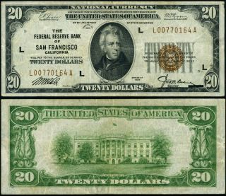 Fr.  1870 C $20 1929 Federal Reserve Bank Note San Francisco L - A Block Vf,