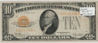 $10 1928 Ten Dollar Small Gold Certificate Note Fr 2400 W/ Gold Seal,  Letters F,