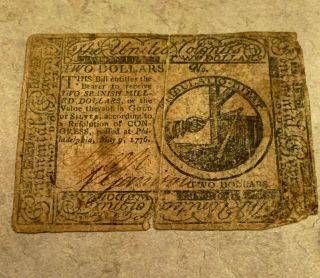 1776 Colonial Currency Bank Note $2 Two Spanish Milled Dollars