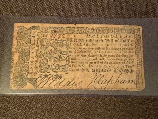 One Half Of A Dollar Colonial Currency Bank Note,  Maryland April 10,  1774