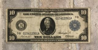 1914 $10 Dollar Federal Reserve Note Currency Large Andrew Jackson
