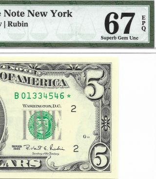 1995 $5 York Star ⭐️ Frn,  Pmg Gem Uncirculated 67 Epq Banknote