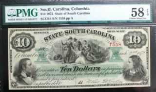 $10 State Of South Carolina 1872 Pmg 58 Epq About Unc Obsolete