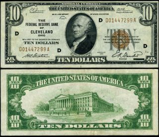 Fr.  1860 D $10 1929 Federal Reserve Bank Note Cleveland D - A Block Au