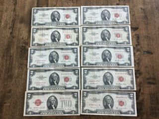 (10) Series of 1953 Two Dollar $2 Bill Red Seal United States Currency VG - VF 2