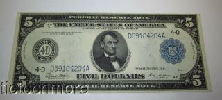 Us 1914 $5 Five Dollar Bill Federal Reserve Note Frn 4 - D Large Size Cleveland Oh