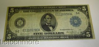 Us 1914 $5 Dollar Bill Federal Reserve Note Frn 5 - E Large Size Richmond Virginia