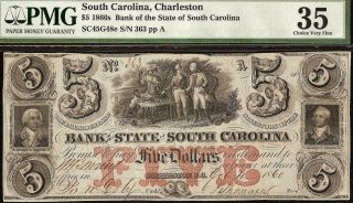 1860 $5 Dollar Bill South Carolina Bank Note Large Currency Paper Money Pmg 35