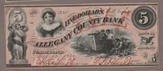 1861 The Allegany County Bank $5 Obsolete Note Cumberland,  Maryland Au/unc