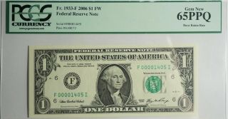 Us $1 Federal Reserve Note (2006) Pcgs Gem 65ppq Low Serial Boca Raton Run