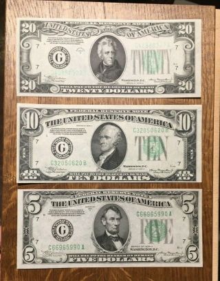 1934 A Chicago $20,  $10,  $5 Unc Federal Reserve Note