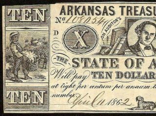 1862 $10 Dollar Bill Arkansas Treasury Warrant Note War Bond Old Paper Money
