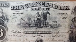 Citizens Bank Of Gosport 1857 Indiana $3 Banknote Pmg 25 1120 - 38