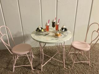 American Girl Doll Sweet Treats Ice Cream Parlor Pink Bistro Table,  Chairs,  Food