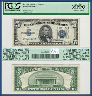1934d Narrow $5 Silver Certificate Pcgs 35 Ppq Very Fine Vf Five Dollars