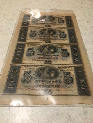 Citizens Bank Of Louisiana - Unissued 1850s $5 Banknote - Uncut Sheet Of 4