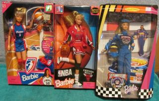 Three 1998 Basketball & Nascar 50th Anniversary Barbie Dolls In Boxes