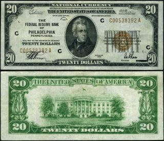 Fr.  1870 C $20 1929 Federal Reserve Bank Note Philadelphia C - A Block Xf