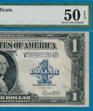 $1.  00 1923 Fr.  237 Pmg Au50epq Silver Certificate Blue Seal Attractive