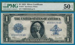 $1.  00 1923 FR.  237 PMG AU50EPQ SILVER CERTIFICATE BLUE SEAL ATTRACTIVE 3