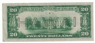 1934 A Series US $20 Twenty Dollar War Time Issue Currency Hawaii Note H85649329 2