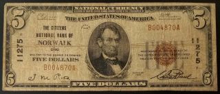 1929 $5 National Currency From The Citizens National Bank Of Norwalk,  Ohio