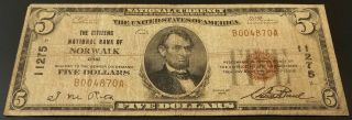 1929 $5 National Currency from The Citizens National Bank of Norwalk,  Ohio 2