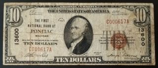 1929 $10 National Currency From The First National Bank At Pontiac,  Michigan