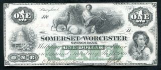 1862 $1 Somerset & Worcester Savings Bank Salisbury,  Md Obsolete Unc
