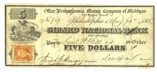 Pennsylvania Mining Company Of Michigan $5 Note.  Sam Hill.  1865