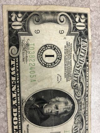 1934 series A I/A (Minneapolis) $20 Dollar Federal Reserve Note Bill US Currency 2