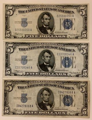 1934 & 1934A $5 Blue Seal Silver Certificate Notes.  6 Notes 2