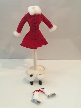 Top Barbie Doll Mattel Red Coat Faux Fur Boots Ice Skates
