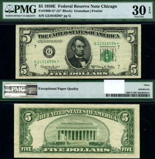 Fr.  1966 G $5 1950 - E Federal Reserve Note Chicago G - Block Pmg Vf30 Epq Star